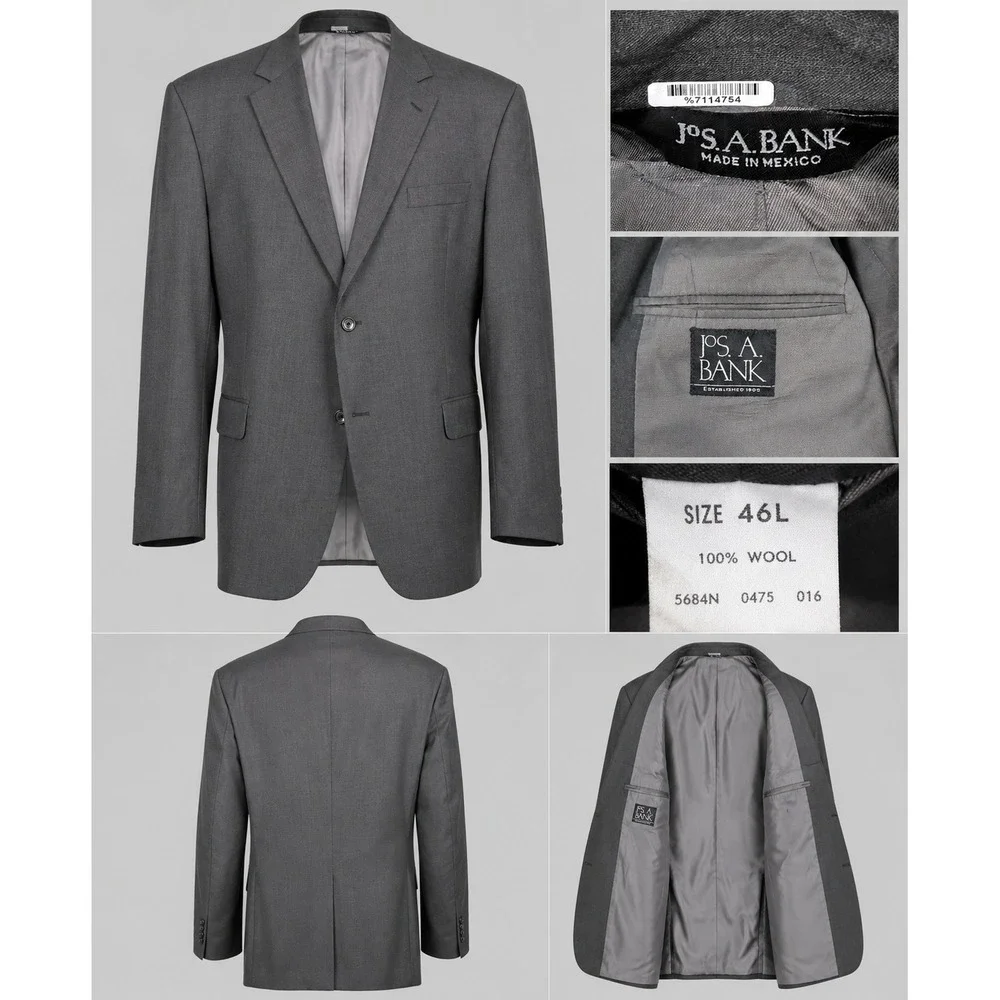 Jos. A. Bank Suit Jacket Mens 46L Charcoal Gray Good 100% Wool 2-Button Blazer